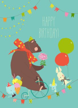 Çizgi film Vektör Doğum günü kartı içinde şirin ayı bisiklete biniyor, komik kedi, tavşan ve fare