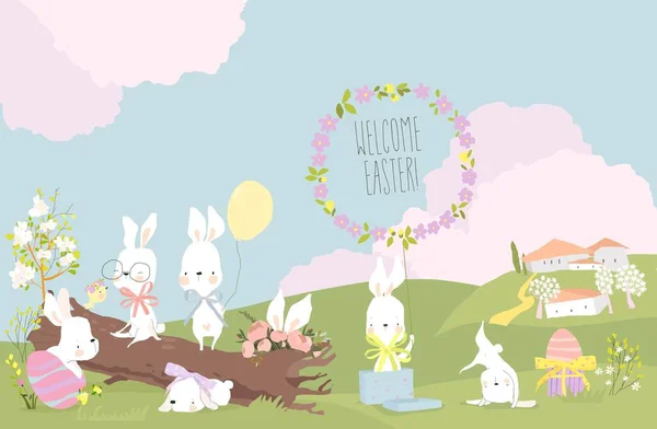 Cute Cartoon Bunnies Celebrating Easter Spring Meadow Vector Illustraion — Stock Vector