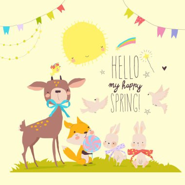 Cute Deer, Fox and Rabbits meeting Spring. Vector Illustration