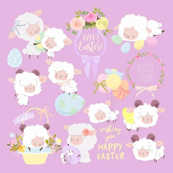 Vector Easter Set Cute White Sheeps Easter Eggs — Vetor de Stock