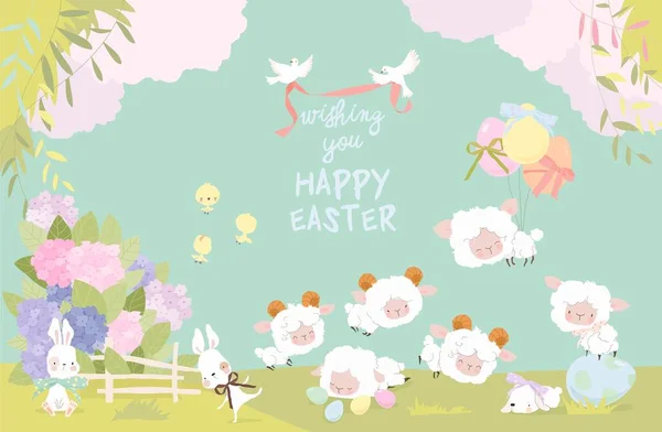 Cute Cartoon Lambs Bunnies Celebrating Easter Spring Meadow Vector Illustraion — Stock Vector