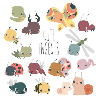 Vector Cartoon Set with Cute Baby Insects on White Bckground