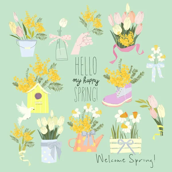 Cartoon Vector Set Fresh Spring Flowers Bouquets — Stockový vektor