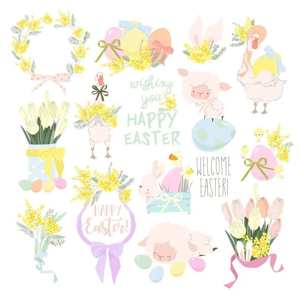 Vector Easter Set Cute White Bunnies Gooses Sheeps Easter Eggs — Wektor stockowy