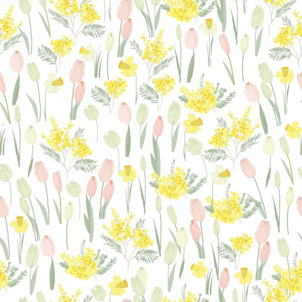 Patrón Sin Costura Vectorial Con Tulipanes Primavera Mimosa Narcisos — Vector de stock