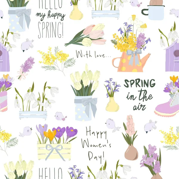 Vector Seamless Pattern Fresh Spring Flowers Bouquets Birds — Stock Vector