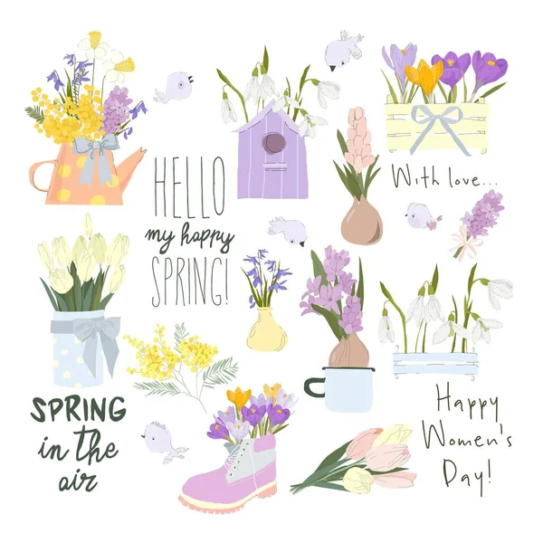 Cartoon Vector Set Mit Frischen Frühlingsblumen Blumensträuße Und Vögel — Stockvektor