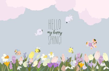 Horizontal Border with Spring Meadow Plants and Insects. Green Grass, Colorful Flowers, Bee and Butterflies. Vector Illustration