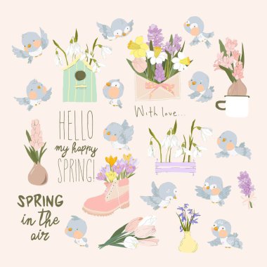 Cartoon Vector Set with Fresh Spring Flowers Bouquets and Birds