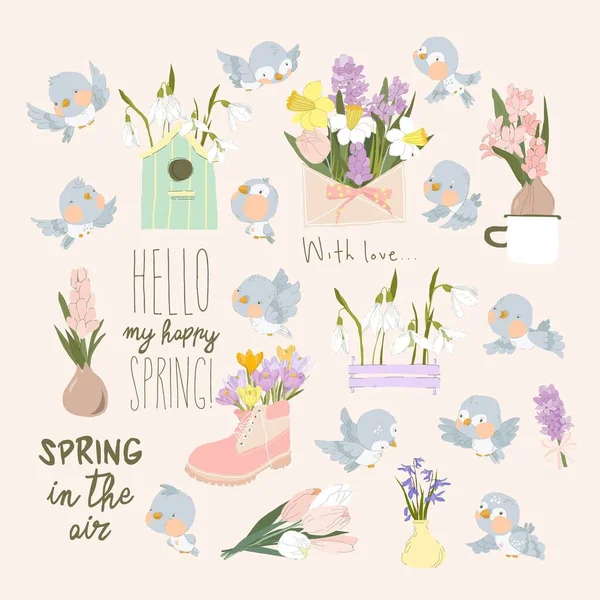 Conjunto Vectores Dibujos Animados Con Flores Frescas Primavera Ramos Pájaros — Archivo Imágenes Vectoriales