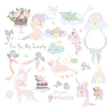 Vector Set of Cute Little Dragons, Magic Unicorns and Flowers on White Background