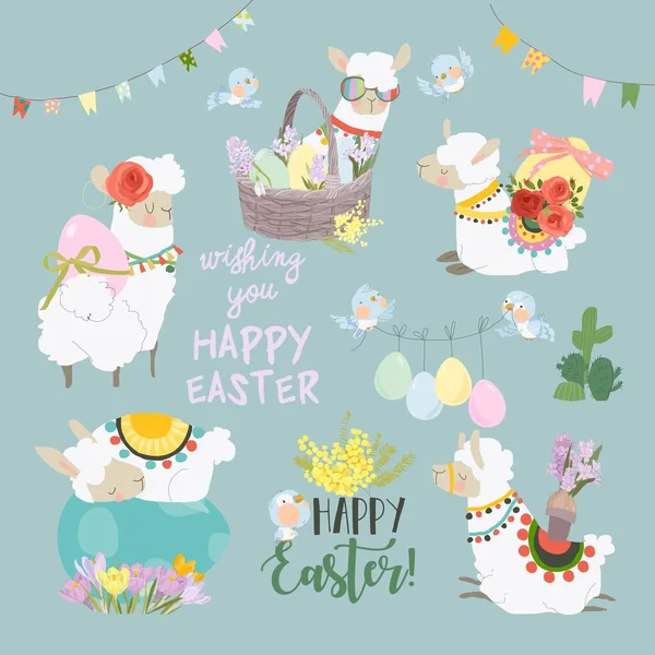 Vector Cartoon Easter Set Cute Alpacas Easter Eggs — 图库矢量图片