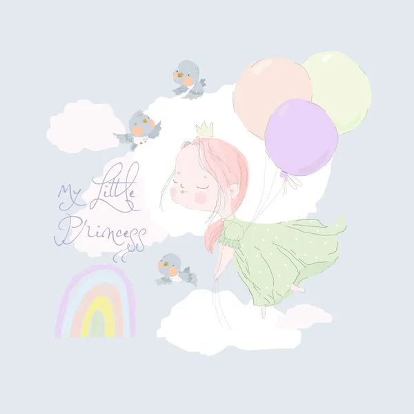 Little Cute Princess Flying Sky Balloons Pastel Colors Vector Illustration — Stockvektor