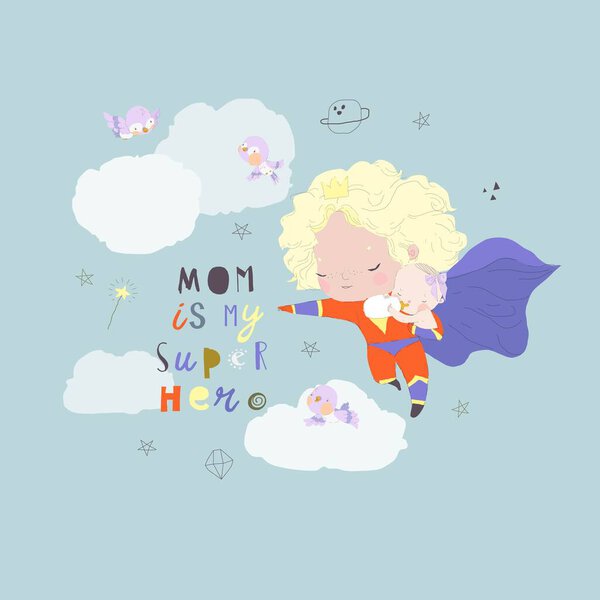 Супер-мама держит новорожденного ребенка в плаще. Мать супергероя демонстрирует силу и уверенность. Векторная миграция