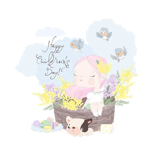Cute Little Girl Sitting Big Basket Flowers Happy Children Day — Stock Vector