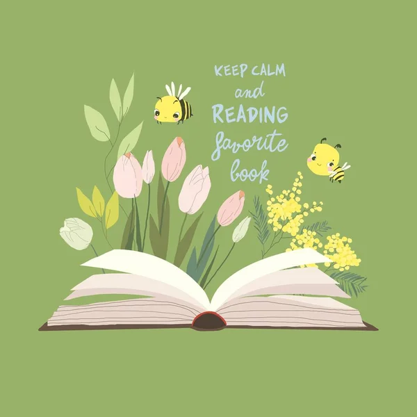 Libro Abierto Dibujos Animados Con Flores Primavera Ilustración Vectorial — Vector de stock