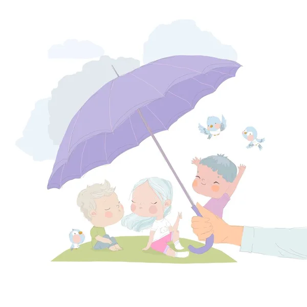 Cartoon Happy Kids Disfrutando Bajo Big Umbrella Ilustración Vectorial — Vector de stock