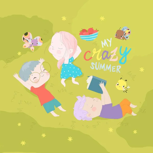 Szczęśliwe Dzieci Leżące Trawie Cześć Summer Ilustracja Wektora — Wektor stockowy