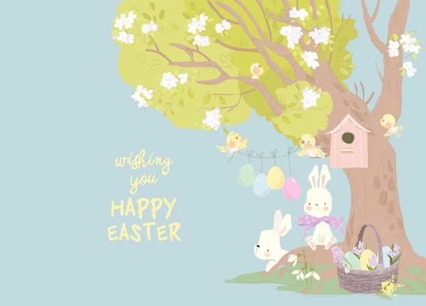 Cute Cartoon Rabbits Comemorando Páscoa Floresta Primavera Vetor Illustraion — Vetor de Stock