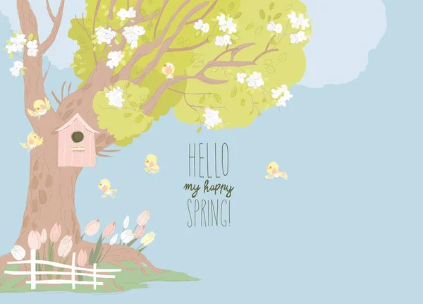 Cartoon Spring Park Avec Arbre Fleurs Fleurs Illustration Vectorielle — Image vectorielle