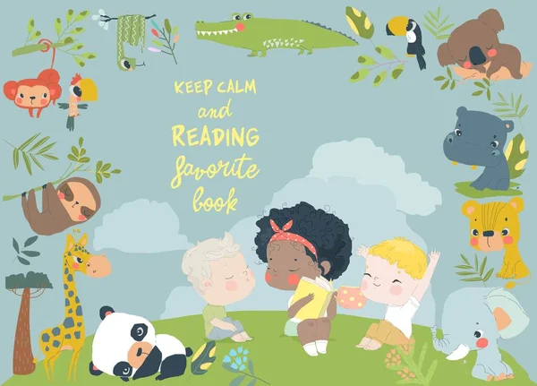 Gyerekek Könyvet Olvasnak Rajzfilmállatokkal Vektorillusztráció — Stock Vector