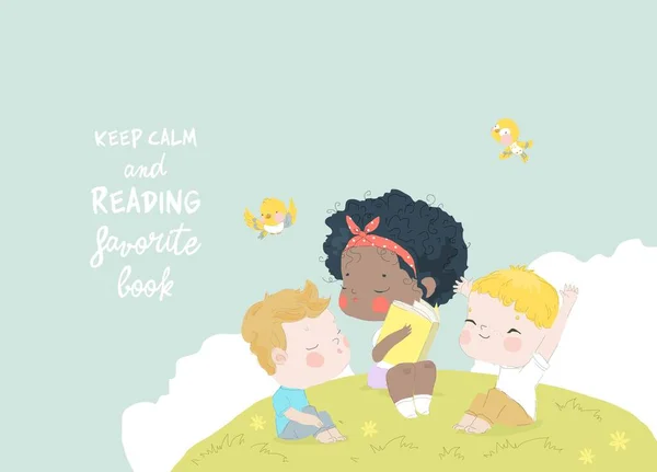 Glückliche Kinder Lesen Buch Auf Der Wiese Vektorillustration — Stockvektor