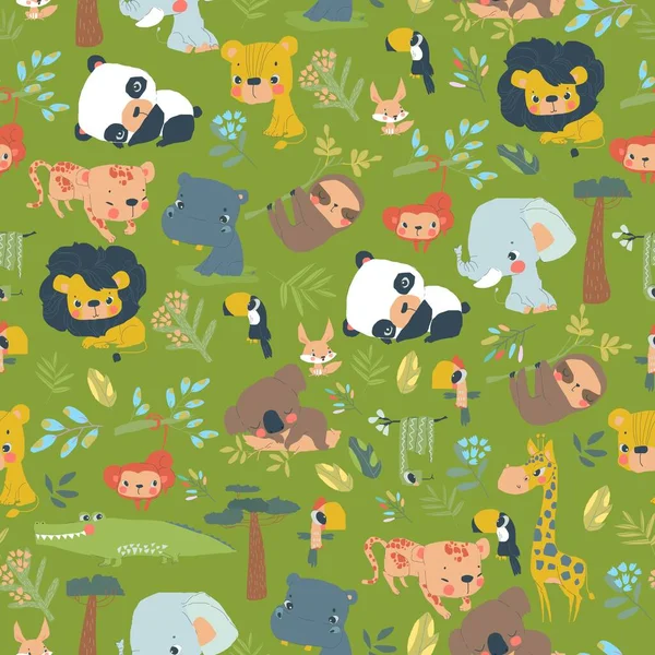 Vector Seamless Pattern Jungle Animals Green Background — Stock Vector