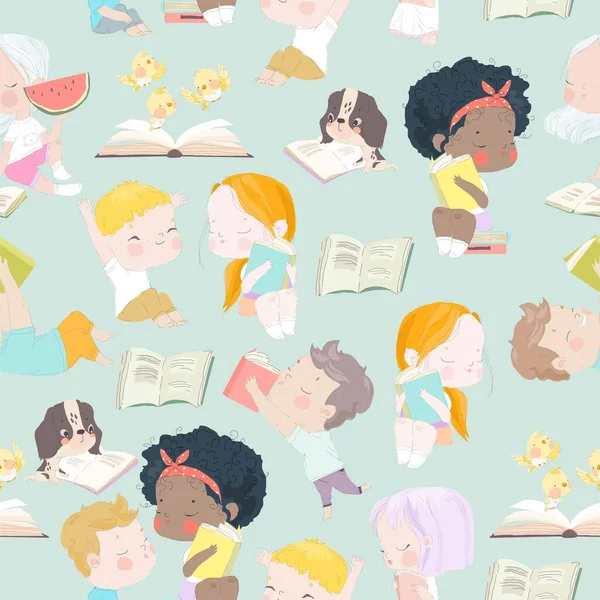 かわいい子供たちが本を読んでベクトルシームレスパターン — ストックベクタ