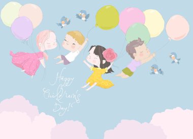 Gökyüzünde Balonla Uçan Mutlu Çocuklar çizgi filmi. Vektör İllüstrasyonu