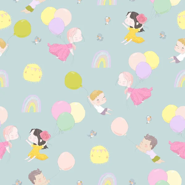 Vector Seamless Pattern Cartoon Happy Kids Flying Balloons Sky — Stock Vector