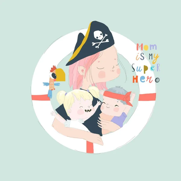 Die Süße Piratenmutter Umarmt Ihre Kinder Vektorillustration — Stockvektor