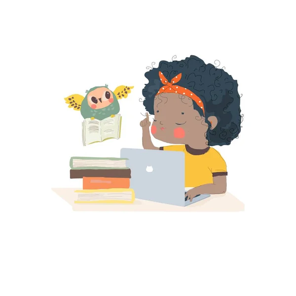 Bonito Cartoon Girl Trabalhando Computador Ilustração Vetorial —  Vetores de Stock