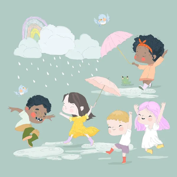 Carino Cartoon Kids Godendo Divertendosi Pioggia Illustrazione Vettoriale — Vettoriale Stock
