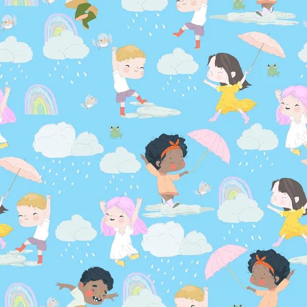 Vector Seamless Pattern Cartoon Kids Having Fun Rain — Stock Vector