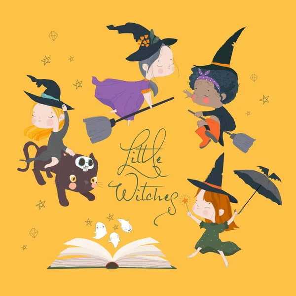 Vector Cartoon Halloween Set Mit Niedlichen Kleinen Hexen — Stockvektor