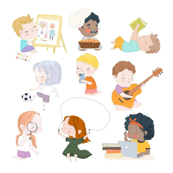 Ευτυχισμένα Παιδιά Κινουμένων Σχεδίων Που Ασχολούνται Διαφορετικές Δραστηριότητες Σύνολο Διανυσμάτων — Διανυσματικό Αρχείο