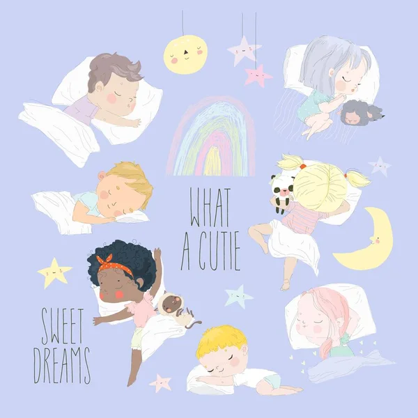 Чарівні Маленькі Хлопчики Дівчатка Сплять Солодко Своїх Ліжках Векторна Ілюстрація — стоковий вектор
