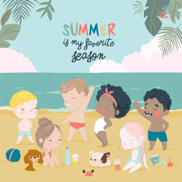 Děti Opalují Moři Letním Dětském Táboře Pobřeží Sea Beach Shores — Stockový vektor
