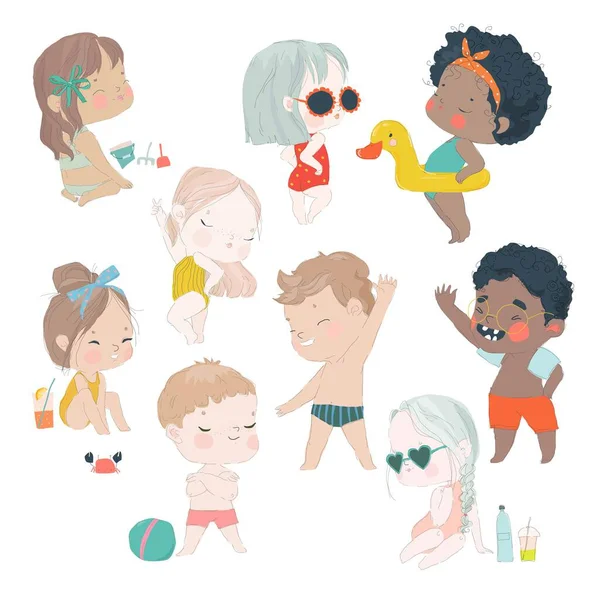 子供と夏のシーンのセット 海での休暇 子供たちはインフレータブルリング スイミングマスク フリッパーで泳いだり ビーチで日光浴をしたり 砂の城を建てたりします 面白い漫画のキャラクター ベクトルセット — ストックベクタ