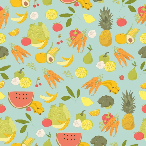 Modèle Sans Couture Vectoriel Avec Fruits Légumes Sur Fond Bleu — Image vectorielle