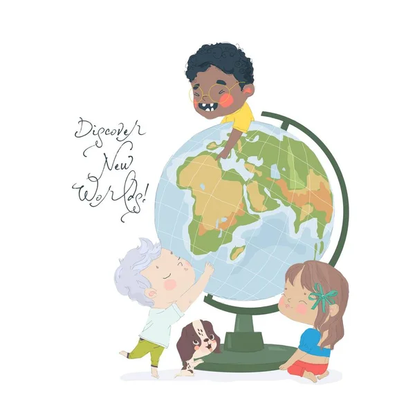Cartoon Happy Παιδιά Κοιτάζοντας Την Globe Εικονογράφηση Διανύσματος — Διανυσματικό Αρχείο