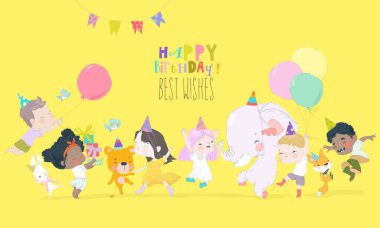 Birthday Anniversary Party with Cute Animals and Kids. Vector Illustration clipart