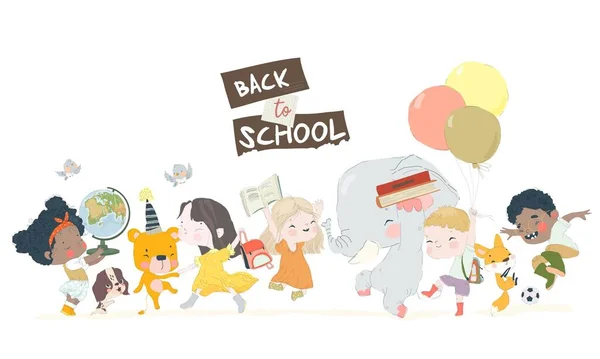 Cartoni Animati Bambini Felici Animali Che Godono Nuovo Scuola Illustrazione — Vettoriale Stock