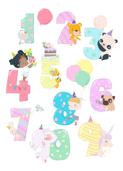 Números Aniversário Animais Crianças Convite Diversão Festa Para Personagens Celebração —  Vetores de Stock