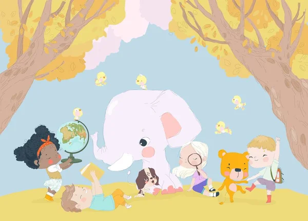 Cartoni Animati Bambini Felici Animali Preparano Scuola Illustrazione Vettoriale — Vettoriale Stock