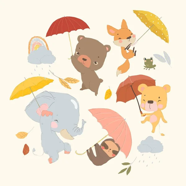 Conjunto Dibujos Animados Vectoriales Con Animales Lindos Que Sostienen Paraguas — Vector de stock