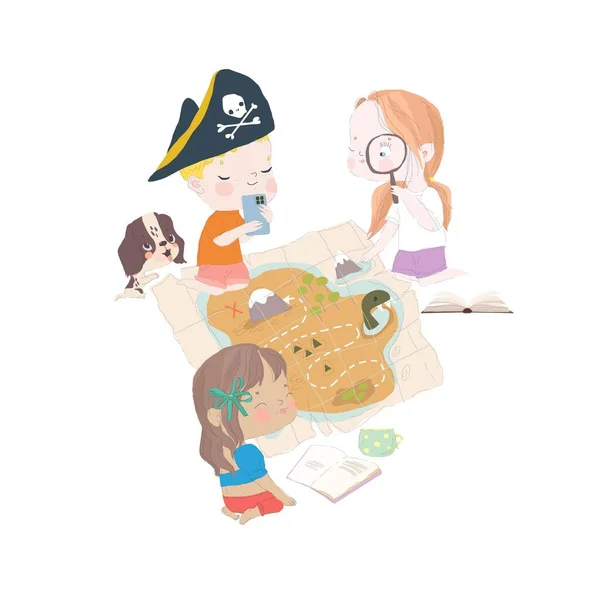 ボードゲームをプレイする海賊として身を包んだかわいい漫画の子供たち ベクターイラスト — ストックベクタ