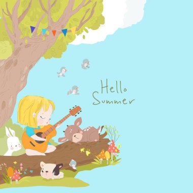 Cartoon Little Girl playing Guitar with Animals in the Forest. Vector Illustration clipart