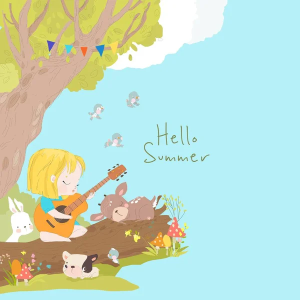 Мультфільм Маленька Дівчинка Грає Гітарі Тваринами Лісі Векторна Ілюстрація — стоковий вектор