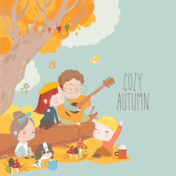 Happy Cartoon Children Playing Guitar Autumn Forest Vector Illustration — Stock Vector